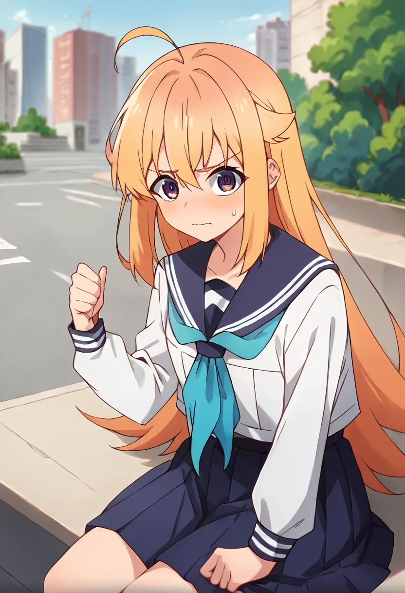score_9, score_8_up, score_7_up, source_anime, masterpiece, 1girl, ctiank0shi, serafuku, sailor collar, blue neckerchief, skirt, long sleeves, looking at viewer, outdoors, sunny, city, depth of field, <lora:Koshi_Torako_pony_ct:1>, sitting, sweatdrop, nervous,