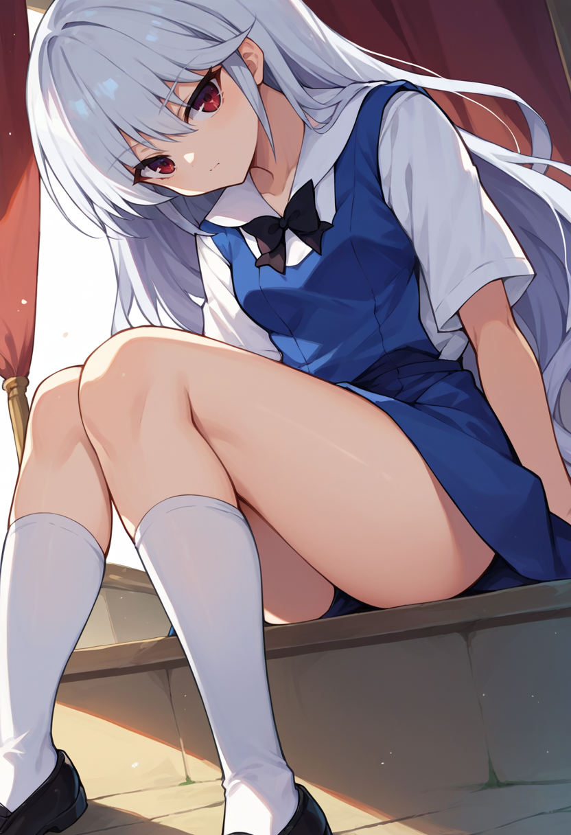 score_9, score_8_up, score_7_up, source_anime,  1girl,  <lora:KazukiV3-000008:1> kazami kazuki, silver hair, long hair, red eyes, white shirt, blue dress, black bow, white kneehighs