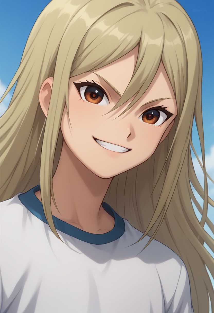 core_9, score_8_up, score_7_up, source_anime, highly detailed, slender, skinny, cute, 1boy, solo, male_focus,
byron, 1boy, male focus, solo, opem eyes, open mouth, long hair, smile, blonde hair, sportswear, upper body, grin,