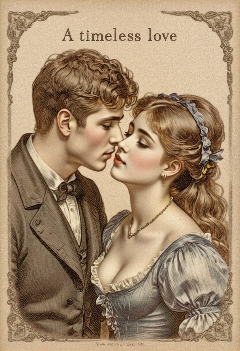 kissing, kiss, kisses, vntgdrwngCE style, a vintage poster showing a man and a woman in a tender kiss, with the words "A timeless love." at the top of the image, with an ornate border