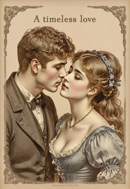 kissing, kiss, kisses, vntgdrwngCE style, a vintage poster showing a man and a woman in a tender kiss, with the words "A timeless love." at the top of the image, with an ornate border
