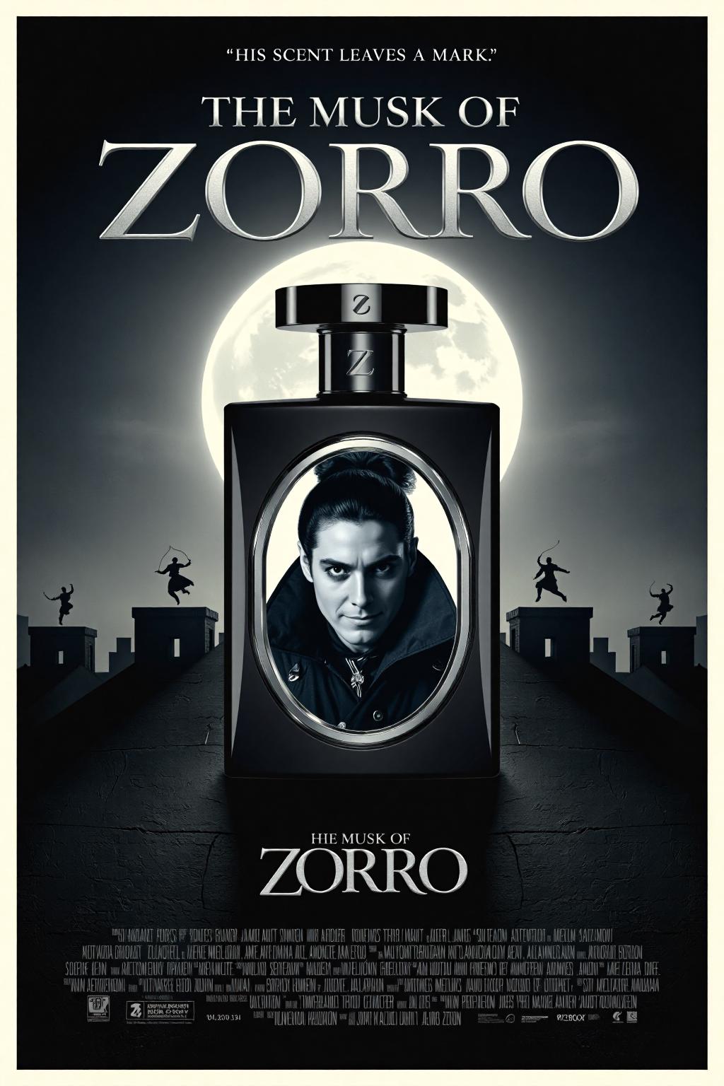 mvpstr. Epic Movie poster for "The Musk of Zorro," featuring a sleek bottle of men's cologne as the centerpiece. The cologne bottle has an elegant black and silver design with a bold, artistic portrait of Zorro on the front. Zorro is depicted in his iconic black mask and wide-brimmed hat, with a playful, smirking expression. The bottle's cap resembles the handle of Zorro's sword, with a Z-shaped insignia etched into it. In the background, dramatic shadows of Zorro's silhouette leap across rooftops under a full moon. The poster has a mix of action and comedy, with bold, exaggerated fonts for the title, "The Musk of Zorro," in metallic silver, positioned at the top. The tagline underneath says, "His scent leaves a mark." Cinematic lighting highlights the glossy cologne bottle, giving it a luxurious, commercial feel. Humorous, over-the-top design, matte finish, vintage movie poster style. <lora:schnell_v1.0:1.0> <lora:EpicMoviePoster-000015:1.0><lora:785792076999606769:0>