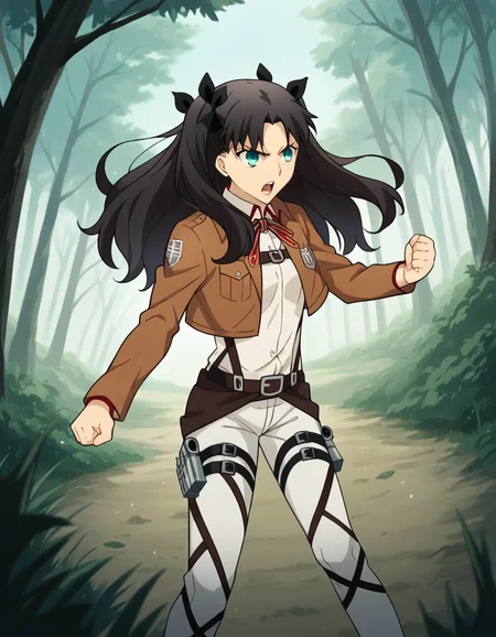 score_9, score_8_up, score_7_up, source_anime, rintohsaka, <lora:rin-tohsaka-ubw-ponyxl-lora-nochekaiser:1>, rin tohsaka, aqua eyes, black hair, hair ribbon, long hair, ribbon, sidelocks, two side up, parted bangs,, <lora:paradis-military-uniform-ponyxl-lora-nochekaiser:1>, paradis military uniform, belt, cloack, cropped jacket, emblem, green cloak, jacket, long sleeves, pants, shirt, thigh strap, uniform, white pants, white shirt, brown jacket,, outdoors, forest, nature, fighting stance, open mouth, floating, flying,, cowboy shot, dutch angle, solo,
