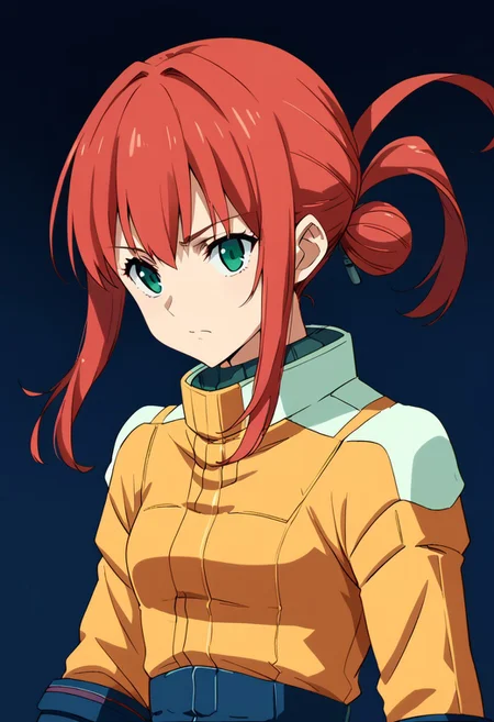score_9, score_8_up, score_7_up, score_6_up, score_5_up, score_4_up, source_anime, zgundam pilotsuit, yellow pilotsuit, alma_CF, red hair, short hair with long locks, bangs, sidelocks, single hair bun, hair ornament, floating hair, ponytail, green eyes, small breasts