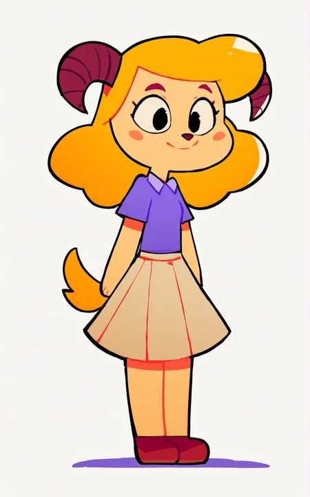 score_9, score_8_up, score_7_up,((best quality)), absurdres, ((full body)), <lora:BolivanteStyle:0.8>,  <lora:CCAWGPXL:0.8>,skirt, blonde hair, shirt, tail,short sleeves, horns, black eyes, blush stickers,furry female, purple shirt, white background, closed mouth,brown footwear,brown horns