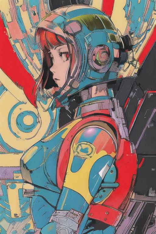 2d artwork, line artwork, comic aesthetics, 1girl, gorgeous, spacesuit mech, looking at viewer, surreal, breathtaking high-tech hardware background, line noise, ancient, retrofuturism, old comic paper, 1girl, beautiful face, spacesuit mech, short hair, red eyes, black epi-space-suit mech, earth, universe