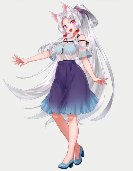 score_9, score_8_up, score_7_up, best quality,
itako, 1girl, solo, skirt, full body, white background, animal ear fluff, open mouth, simple background, shirt, smile, see-through, high heels, parted bangs, standing, blush, looking at viewer, bangs, :d, purple skirt, white shirt, short sleeves, white hair, hair ornament, blue footwear, ponytail, bare shoulders, shoes, breasts<lora:itako_pony_v1:1>