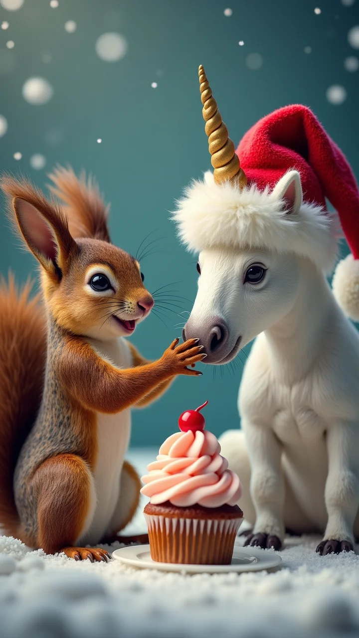 a squirrel and a unicorn with a santa hat eating a cupcake