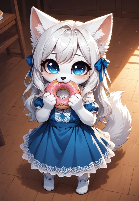 masterpiece, score_9_up, score_8_up, score_7_up, score_6_up, source_furry, (best quality:1.1), ultra-detailed, high resolution, highly detailed macro illustration, solo BREAK 1girl, Nikita, anthro cat, female, (white fur:1.3), long white hair, (blue ribbons in the hair:1.2), hair over one eye. (beautiful blue eyes:1.6), (long eyelashes:1.4), black eyebrows, black animal nose, whiskers, fluffy ears, fluff in ears, (black ear tips:1.4), tail, (cute expression, cute face:1.4), :3, (blue patterned lace dress:1.4), strapless, (kawai knee socks:1.3), (jewelry:1.3), paws BREAK mikus-concept, full body, big eyes, chibi, from above, head tilted, look at viewer, close-up BREAK food, (big donut), (eating donut:1.4) BREAK indoors, cozy home, wooden floor, cozy cottage, warm colors, day, shadows, happy atmosphere, night BREAK sharp focus, perfect lighting, anatomically correct, extremely detailed, high detail, detailed background, OverallDetail, zPDXL3