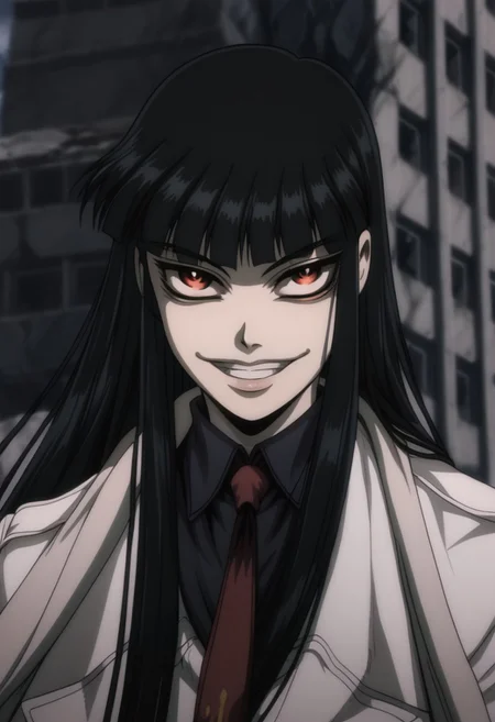 score_9, score_8_up, score_7_up,  girlycardXL11, 1 girl, solo, red eyes, black hair, long hair,blunt bangs, scarf, blue shirt, red necktie, white jacket, white coat, evil smile, ruins,  face, close up,