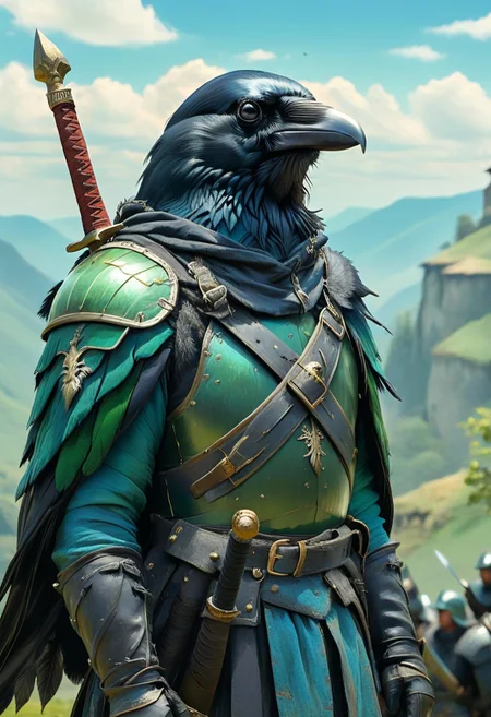 corvidfolk, holding a sword, blue and green armor, background sky over valley