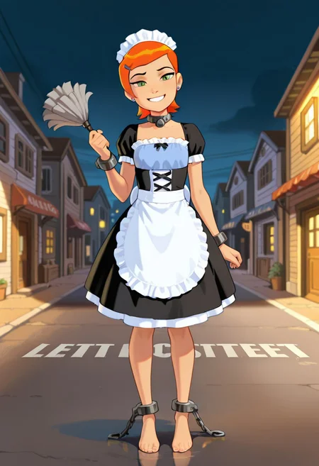Masterpiece (Best Quality: 1.2), a girl, alone,
Gwen_Tennyson, a girl, alone, orange hair, short hair, green eyes, smiling, happy, dusting with a duster in one hand,
Maid outfit, barefoot, pet collar, metal shackles on ankles.
Front view, in the middle of the street, nighttime setting