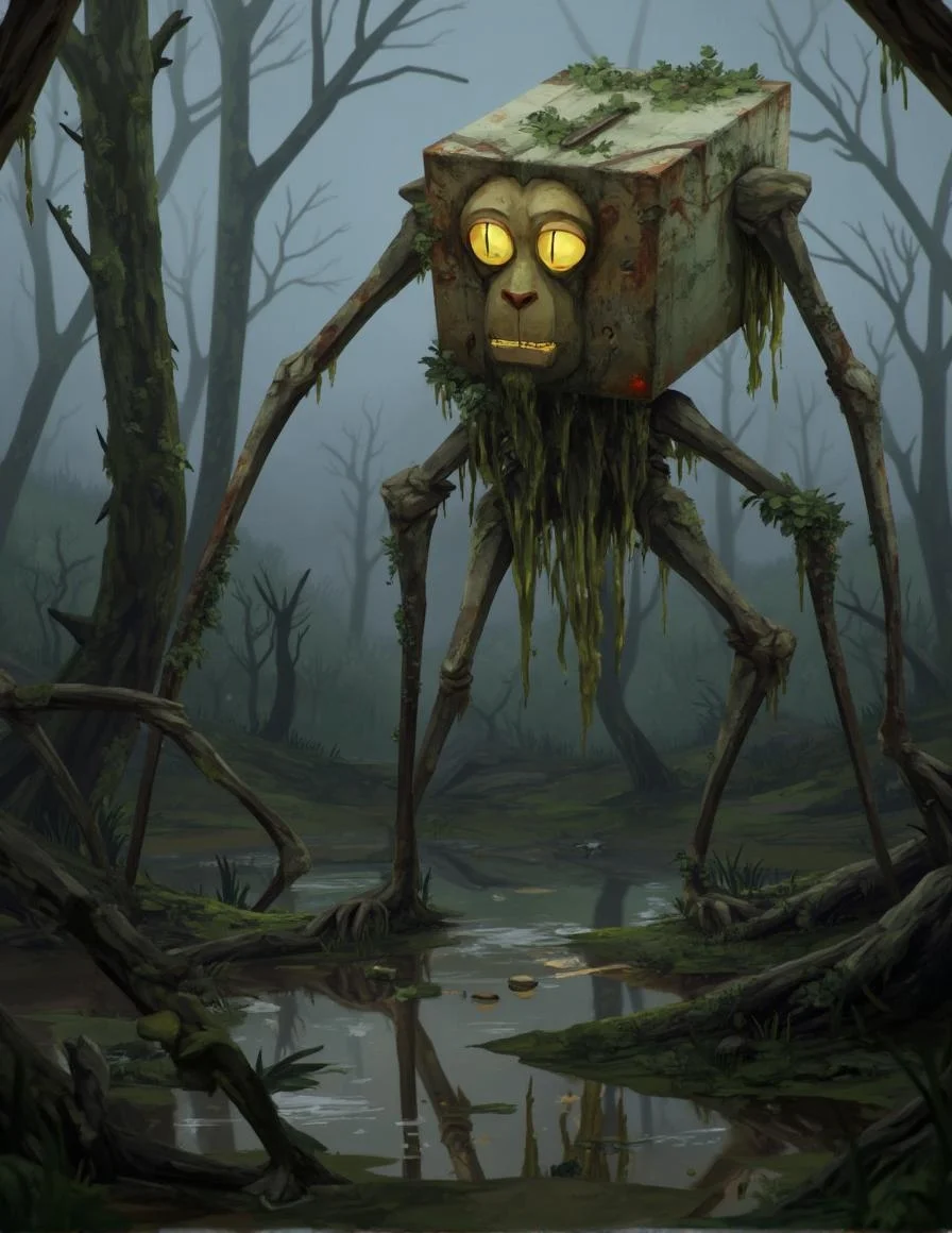 <lora:ck-LttleGhost-000011.safetensors:1> in the style of ck-lttlegh0stA whimsical monster with a box-like body, long spindly limbs, and glowing round eyes stands at an angle in a misty bog, its twisted form overgrown with vines and leaves. Rust and grime cover its body, casting an eerie glow as it seems to emanate unease. In the background, tall slender trees loom, surrounding a water puddle where the creature's reflection stares back, surrounded by scattered debris.