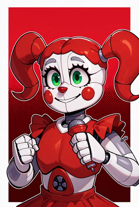 <lora:circbb-10:1> circbb, twintails, robot, 1girl, red sheeks, , joints, skirt, red nose, green eyes, smile, red background, holding microphone, masterpiece, best quality, amazing quality, very aesthetic, absurdres, newest,, upper body, halftone effect, white borders, abstract background:1.2,