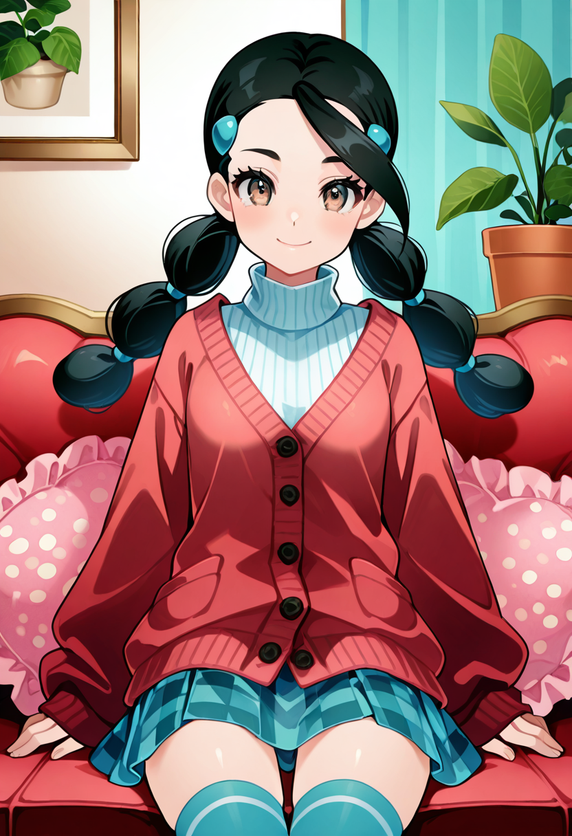 masterpiece, best quality, 1girl, solo, eyelashes, (beautiful eyes), narrow waist, smile,  sitting,    [Matcha Loft Calm], zzCandice, brown eyes, hair ornament, twintails, C0utur3Cr4z3, oversized cardigan, pastel turtleneck, checkered skirt, thigh-high socks, loft cafÃ© nook, potted plants, soft pillows â zzCandice sits sideways on a velvet bench surrounded by pastel cushions, a small matcha latte steaming beside her. Her cardigan drapes like a blanket over her frame as her twintails brush her cheeks. A warm stillness fills the room, her expression peaceful yet focused on the world beyond the glass.     , <lora:CandicePokemon_NAI:1.0>,   <lora:CoutureCraze_IXL:0.7>,