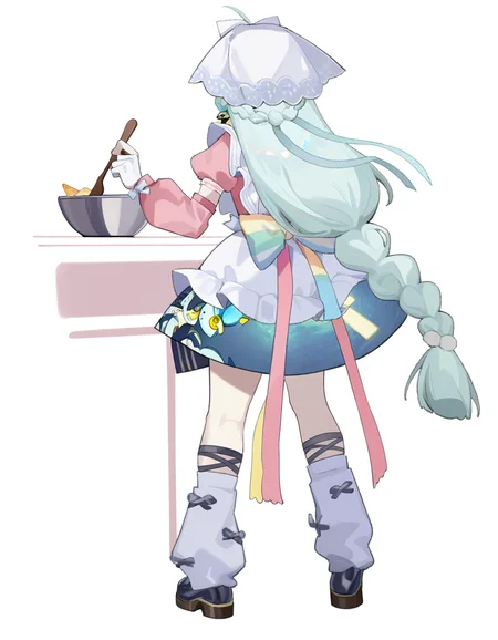 yuebai02,anotherstyle,1girl,solo,long hair,apron,bow,braid,holding,socks,white background,skirt,from behind,ahoge,simple background,head scarf,white socks,puffy sleeves,low-braided long hair,food,
<lora:yuebai_noob:1>,masterpiece,best quality,very aesthetic,absurdres,
