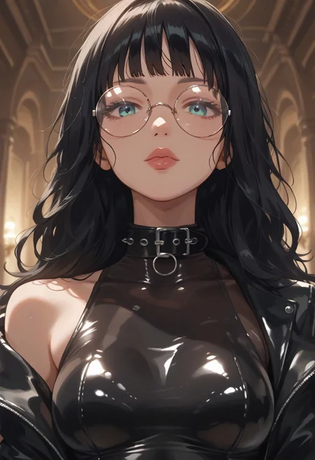 1girl, curvy, black hair, black bodysuit, black jacket, round glasses