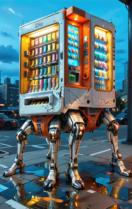 (realism:1.8), (Cel-shading:1.3), (in ARTIST style:1.4), (masterpiece:1.7),
(mechanical legs vending machine:2), solo, outdoors, sky, cloud, city, vending machine focus, scenery, (mechanical legs vending machine), (legged vending machine), (multiple legs),
(white neon), (orange neon), graffiti, Traction City, white paint, (paint scratches:2), (metal scratches:2),
(ultra sharp focus:2), (detailed windows:2), (thin lines:2), (reflections:2),
(best quality:1.8),
<lora:Apparatus_-_Traction_City_Walkers_Vehicles:0.8>
<lora:glowneon_xl_v1:1>