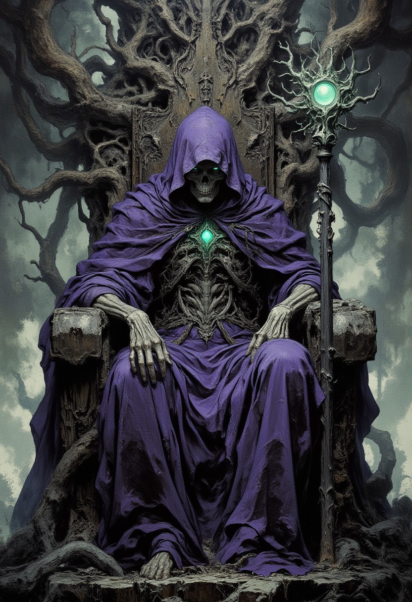 (digital artwork, hyper realistic, rough textures:1.2), nistyle, dark fantasy, epic, dramatic, cinematic.
three-quarter view of a skeleton king sitting in his huge skull throne. he sits frail and bent. he wears an violet unadorned weathered cloak, his hood partially obscuring his vile and hateful visage. with one hand he holds a black wooden staff, organically curved, at the top of the staff is a green glowing jewel is set. the throne is framed by an unnerving mist.
the jewel casts an eerie and otherworldly glow on the otherwise monochromatic scene. the mood is overall eerie, mysterious and otherworldly.