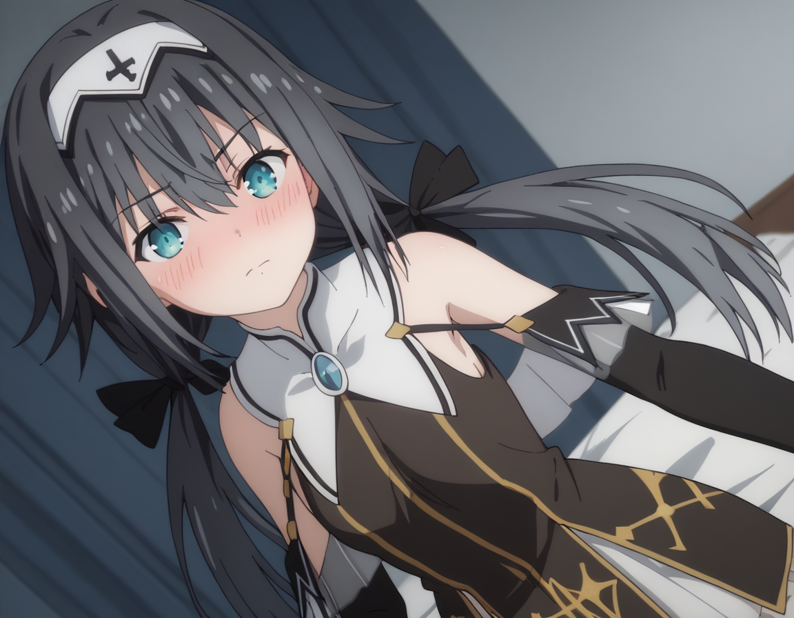 score_9, score_8_up, score_7_up, source_anime,
nibelcole,  <lora:nibelcole-s4s5-ponyxl-lora-nochekaiser:1>,
nibelcole, long hair, blue eyes, black hair, hair between eyes, twintails, very long hair, hairband, low twintails, white hairband,
skirt, detached sleeves, sleeveless, white skirt, black sleeves,
indoors, bed, bed room, on side, blush, drunk,
looking at viewer, solo, cowboy shot, dutch angle,
