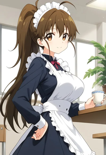 score_9, score_8_up, score_7_up, score_6_up, score_5_up, score_4_up, epic-Ultra-HD-details, epic-Ultra-HD-highlights, 2.5D-upscaled-resolution, source_anime, digital-quality, semi-realism, physically-realistic, lit, cutesie,
afrobullstyle, 
BREAK source_anime, anime, best quality, masterpiece, rating_safe, uncensored, High quality, 8k, Ultra, 
BREAK (Restaurant, indoors),
BREAK  1girl, taneshima popura,ponytail,brown hair,ahoge,
maid, maid apron, maid headdress,long sleeves,tea,cup,tray,skirt lift,
BREAK ((cowboy shot)),(squatting),(from below),(((from side))),
busty breasts,(large breasts:1.2), 
looking at viewer,hand in own hip,Blush, smile,,