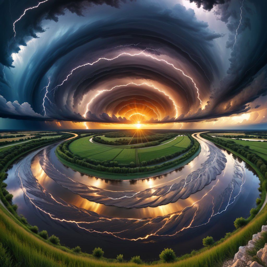 landscape, evening, sunset, thunder, storm clouds,  river band, Spiral Effect, symmetric