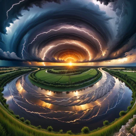 landscape, evening, sunset, thunder, storm clouds,  river band, Spiral Effect, symmetric