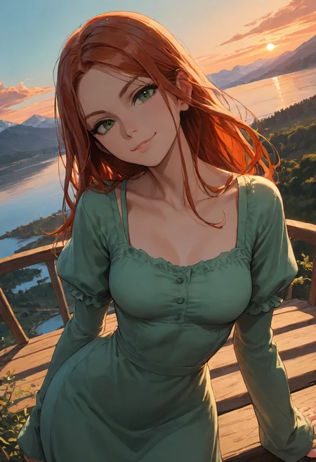 (score_9, score_8_up, score_7_up), zPDXL3, (drawn, wide hips:1.3),1girl, solo, medium breasts, redhead,
green eyes, long hair, green dress, from above, sunset, dynamic lighting, sundress, sleeves,
(outdoors, mountains, river:0.8), (face focus, close-up:1.5),
looking at viewer,
(dutch angle, leaning on railguard, standing, leaning back1.3),
smug,