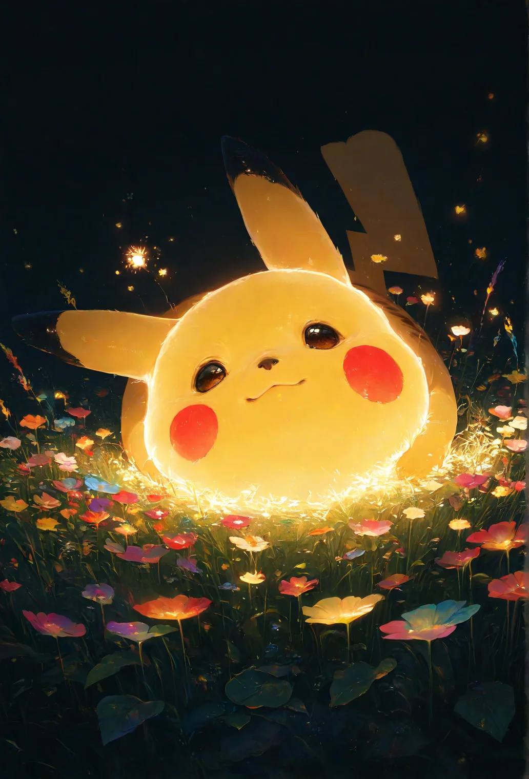 realistic, newest, very awa, masterpiece, highres, absurdres, year 2024, year 2023, masterpiece, best quality, 

anime, Pikachu, Lying on the grass, leaves floating,  sun, bloom, summer, colorful flowers around him, glow, glow rim light, 
