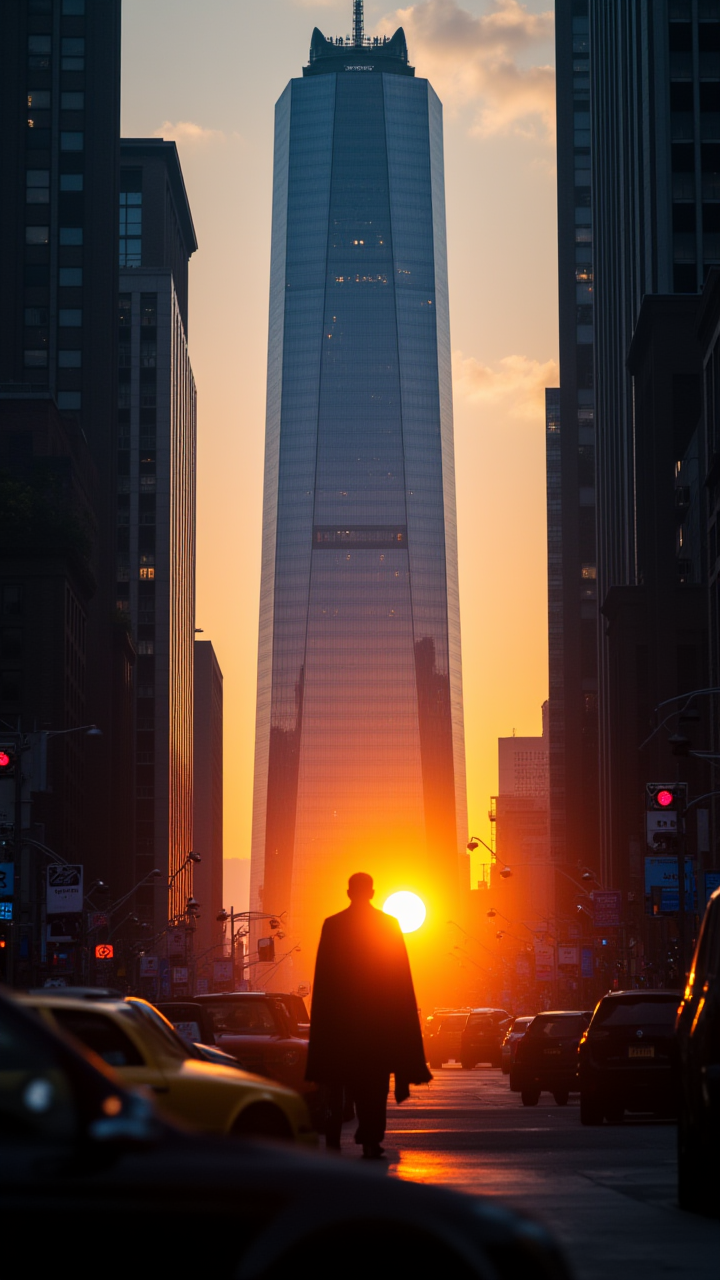 a Kinemacolor superb image describing a, In the heart of a bustling city, a tall and majestic figure stands in front of a towering skyscraper. The sun is setting, aidmaHyperrealism