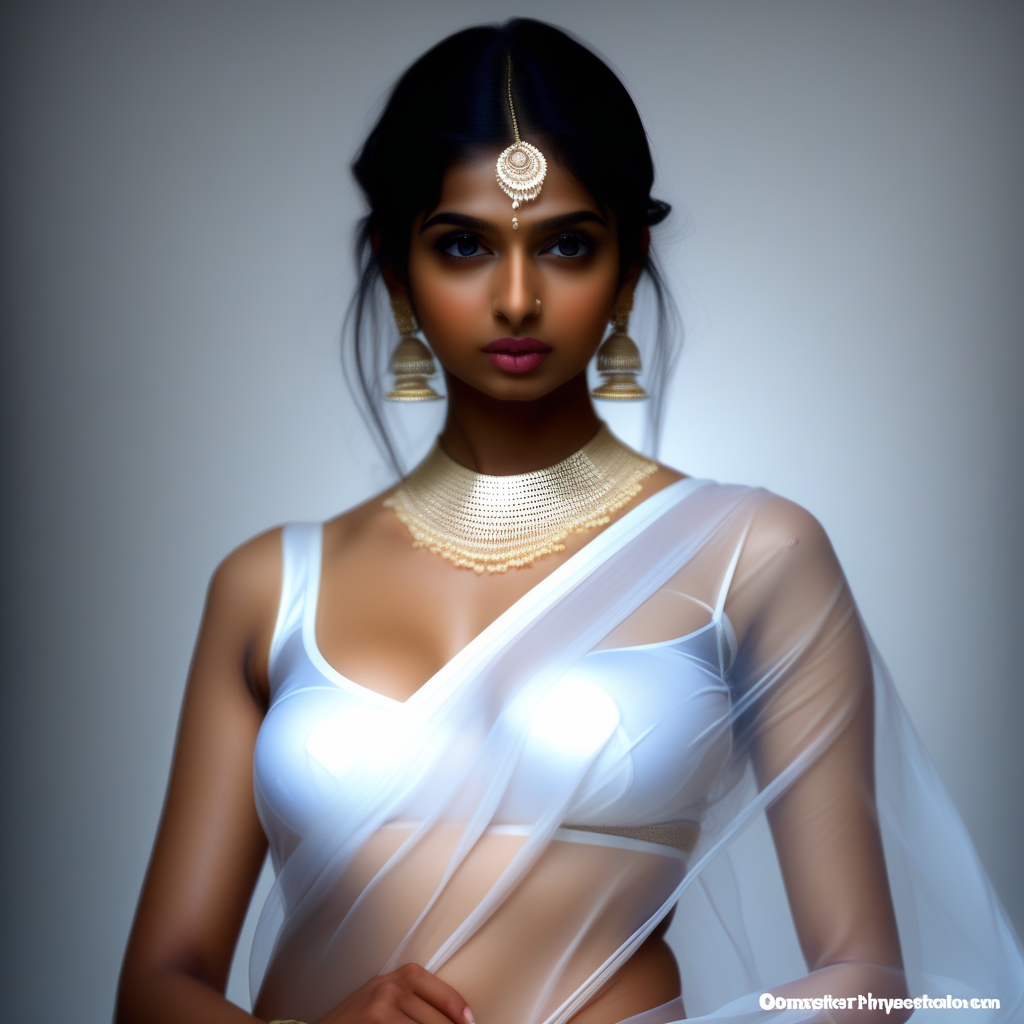 Beautiful super hot young Indian girl in white transparent saree seductive posing 8k masterpiece hyperrealstic