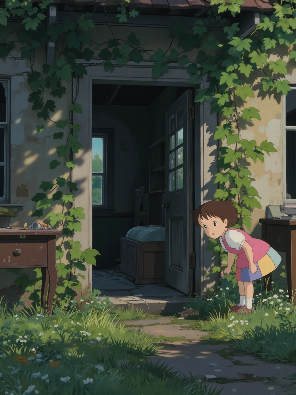 A young girl with wide, curious eyes and wearing a patchwork dress is exploring an abandoned house at the edge of the village. The house is overgrown with ivy, and sunlight filters through broken windows, casting light on dusty furniture. The scene is set in the early afternoon, with the air still and quiet. The camera is positioned at a low angle, showing the girl peering into a dark room.