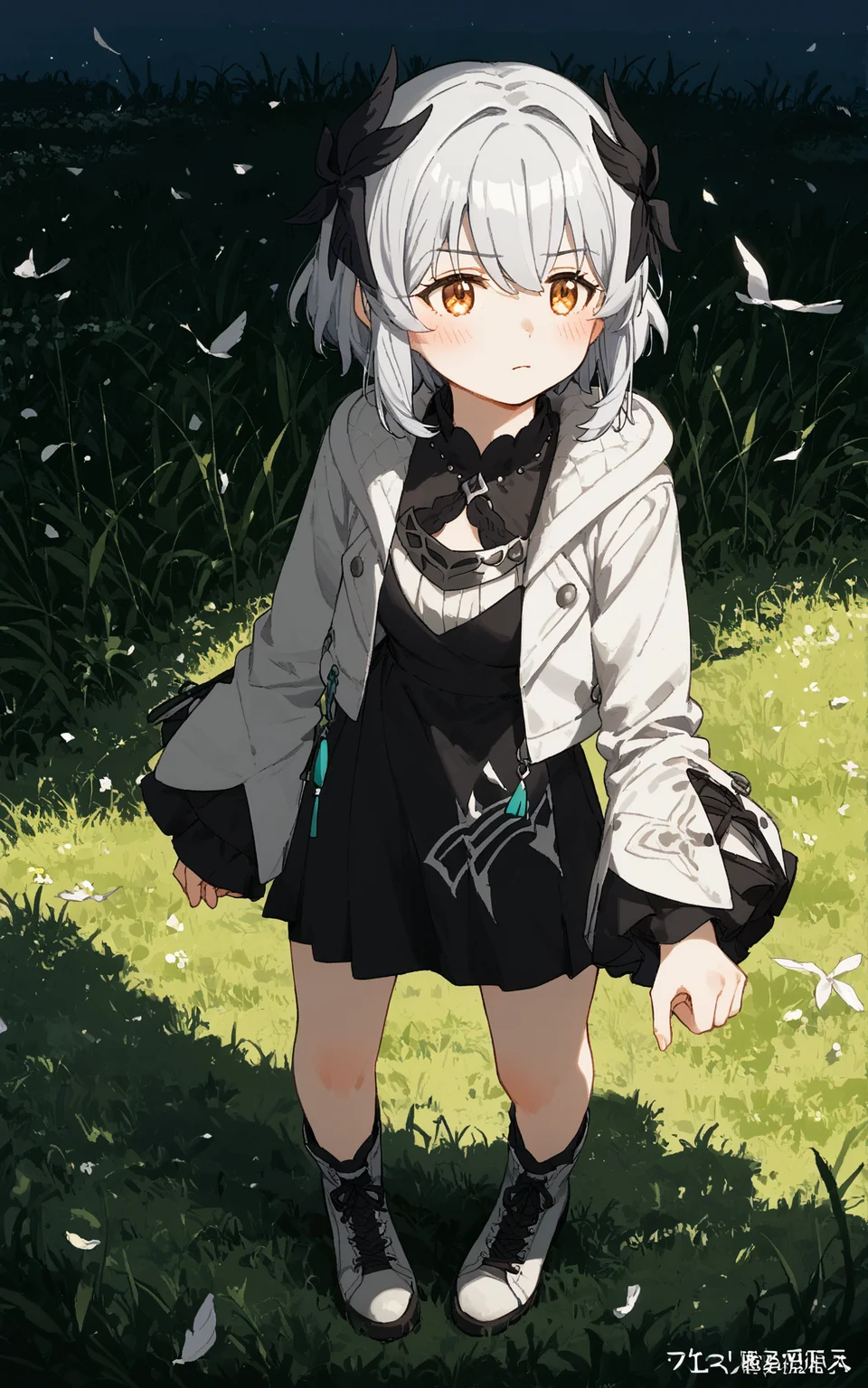 score_9, score_8_up, score_7_up,hikage,1girl,solo,(pale skin:1.2), 
livia (resonance),livia,white hair,medium hair,hair between eyes,black hair ornament,bangs, long sidelocks, orange eyes, 
def,black dress,white jacket,collared jacket, hooded jacket,long sleeves,black and white sleevs,black skirt,breasts,white footwear, cross-laced footwear, 
blush,  
riverbank, flowing river, grass,cinematic lighting,night,moonlight,
pov, looking away 
<lora:Expressive_H:1.0> <lora:hikage_v1:0.7>  <lora:livia_v10:0.8>