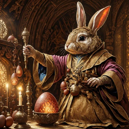 RAW photo, (masterpiece:1.3), subsurface scattering, heavy shadow, (high quality:1.4), (intricate, high detail:1.2), professional photography, HDR, High Dynamic Range, realistic, ultra realistic, photorealistic, high resolution, film photography, ambient lighting, atmospheric effects, <lora:detail_slider_v4:2>, OverallDetail, <lora:Rabbitfolk:1>, a rabbitfolk alchemist, brown fur, rabbit ears, whiskers, rabbit, wearing intricate robes, holding a large red (egg) and a brush, in an alchemist shop, <lora:Alchemist:0.7>, candle, window, bottle, flask, brush, colors,