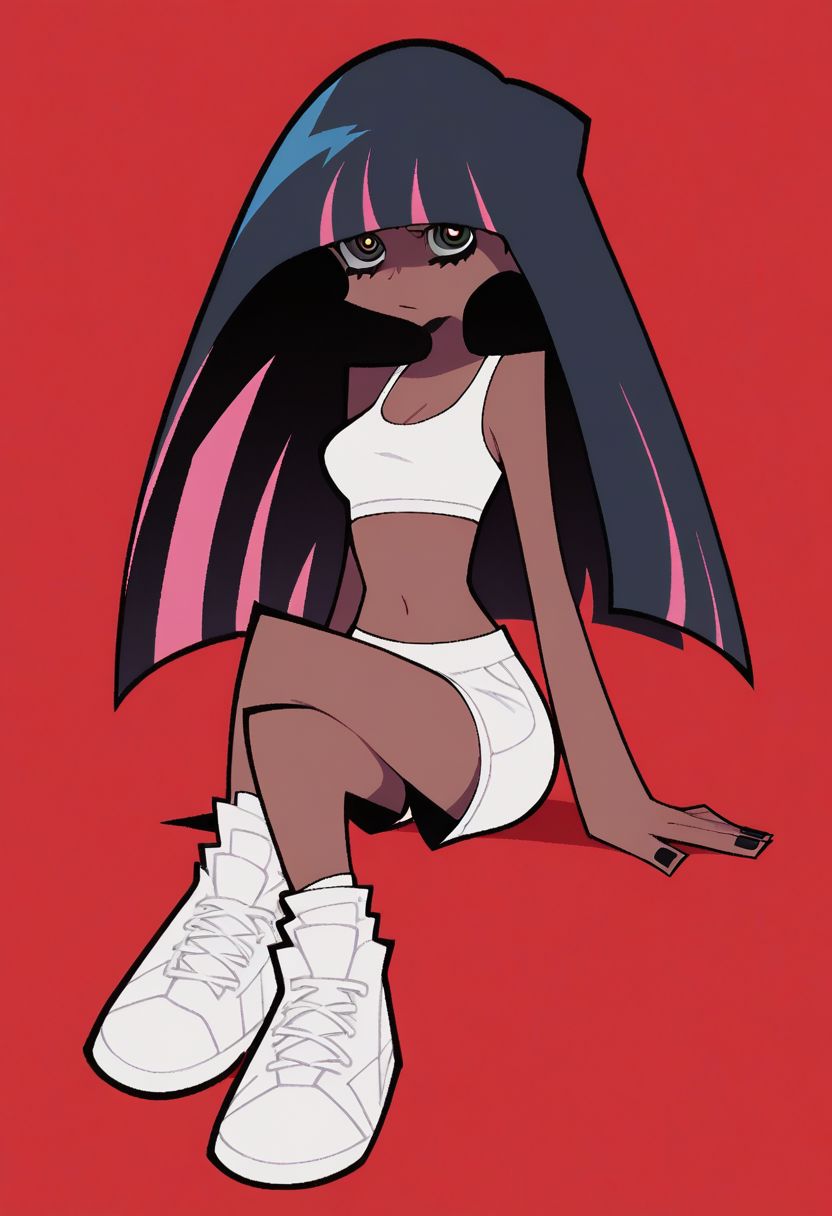 score_9, score_8_up, score_7_up, score_6_up, score_5_up, score_4_up,
BREAK
1girl, dark skin, black hair, black eyes,
BREAK
solo, sitting, crossed legs, white sport shorts, white sports bra,
BREAK
red background, simple background, Panty & Stocking style, Thick lineart, sharp edges
