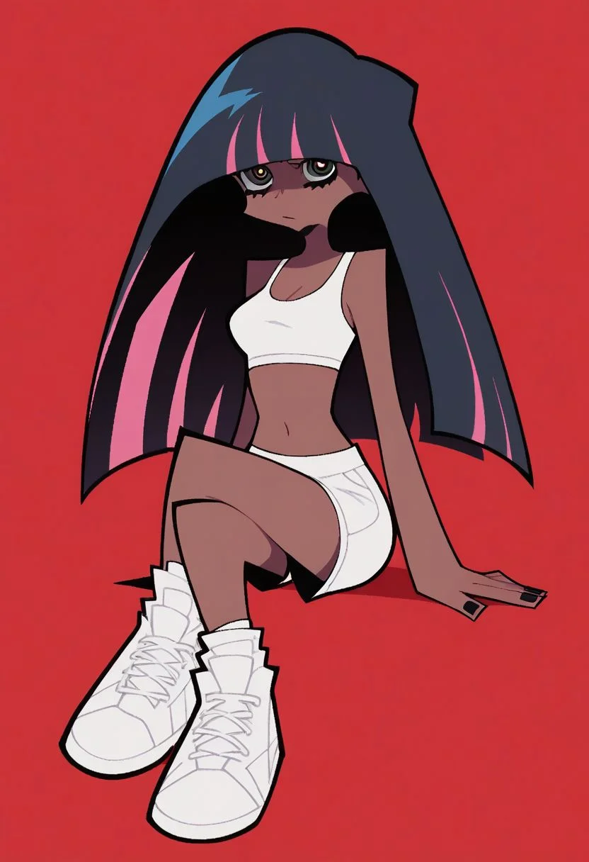 score_9, score_8_up, score_7_up, score_6_up, score_5_up, score_4_up,
BREAK
1girl, dark skin, black hair, black eyes,
BREAK
solo, sitting, crossed legs, white sport shorts, white sports bra,
BREAK
red background, simple background, Panty & Stocking style, Thick lineart, sharp edges