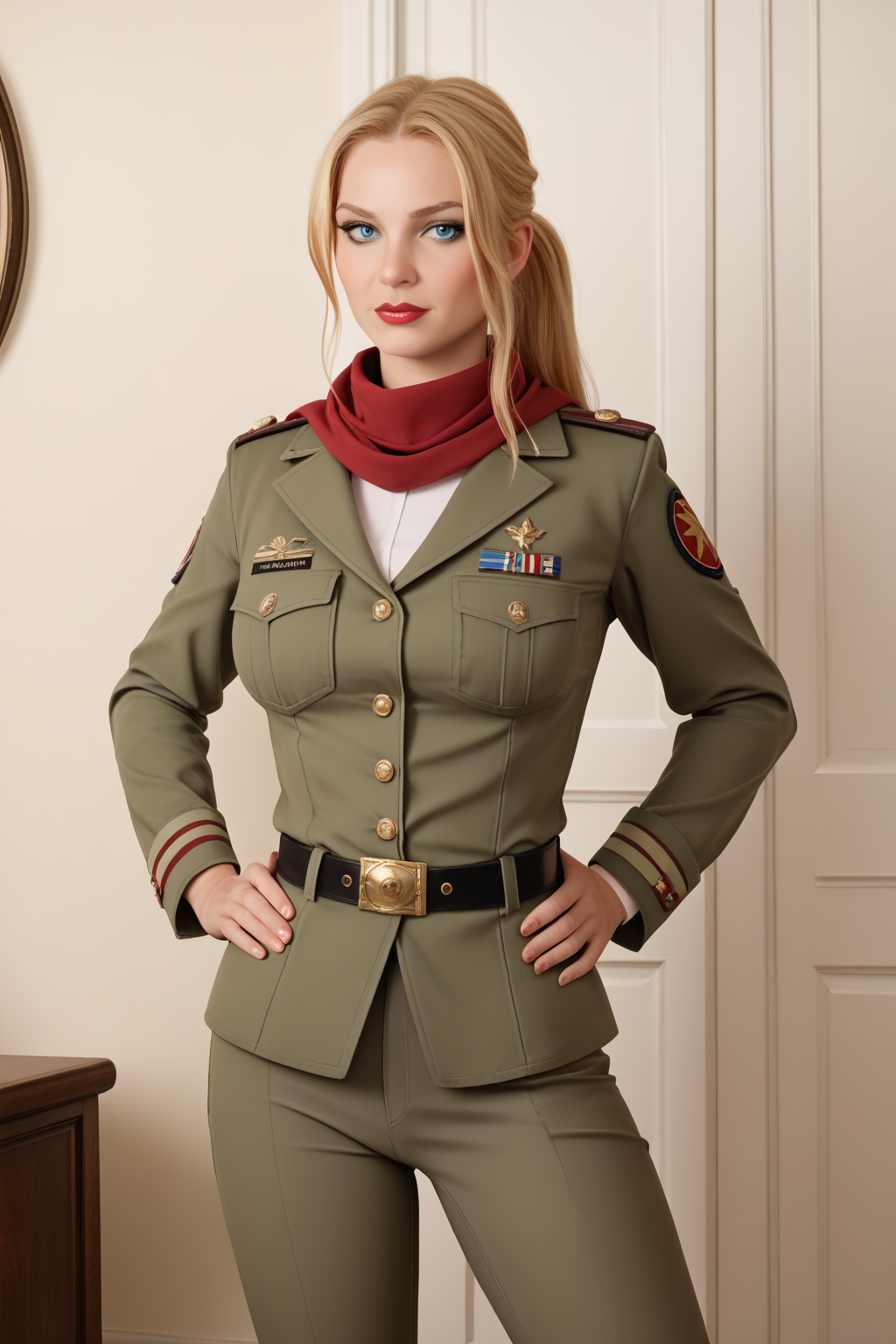 source_cartoon, source_real, score_9, score_8_up, score_7_up, score_6_up,  <lora:add-detail-xl:1>, raytracing, absurd, intricate, ((zPDXL2)), (absurd resolution, perfect anatomy, cowboy shot) BREAK <lora:Ms_Marvel:0.8> carol danvers, long hair, blonde hair, ponytail, blue eyes, flirting, raised eyebrow, ((looking at viewer)), scarf, uniform, military uniform, belt, pants, lipstick, makeup, large breasts, toned, athletic, thigh gap, sexually suggestive, standing, hands on hip, in futuristic military base, indoors