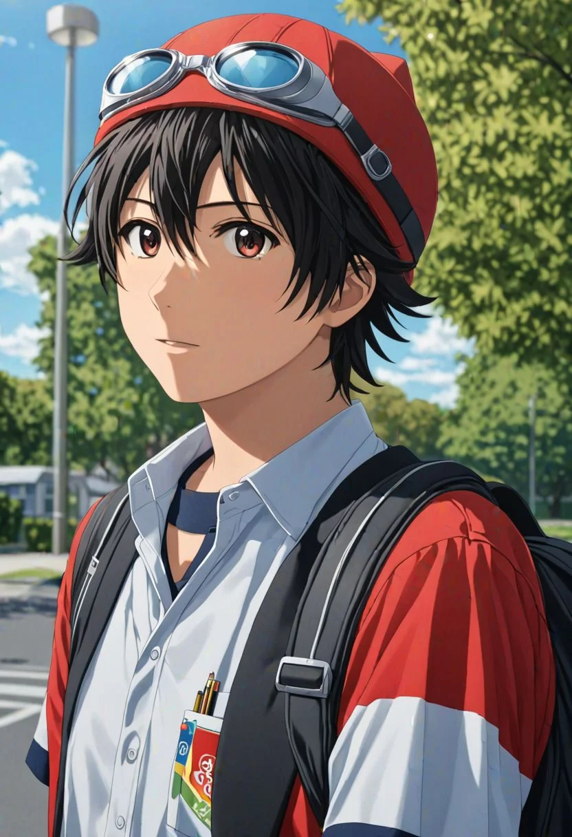 (4k), extremely detailed, hyper detailed, high resolution, professional photography, best quality, candid photo, 1boy, solo, male focus, easynegative, Yuusuke Fujisaki, Red Hat, Black Hair, school uniform, looking at viewer, candid photo, goggles