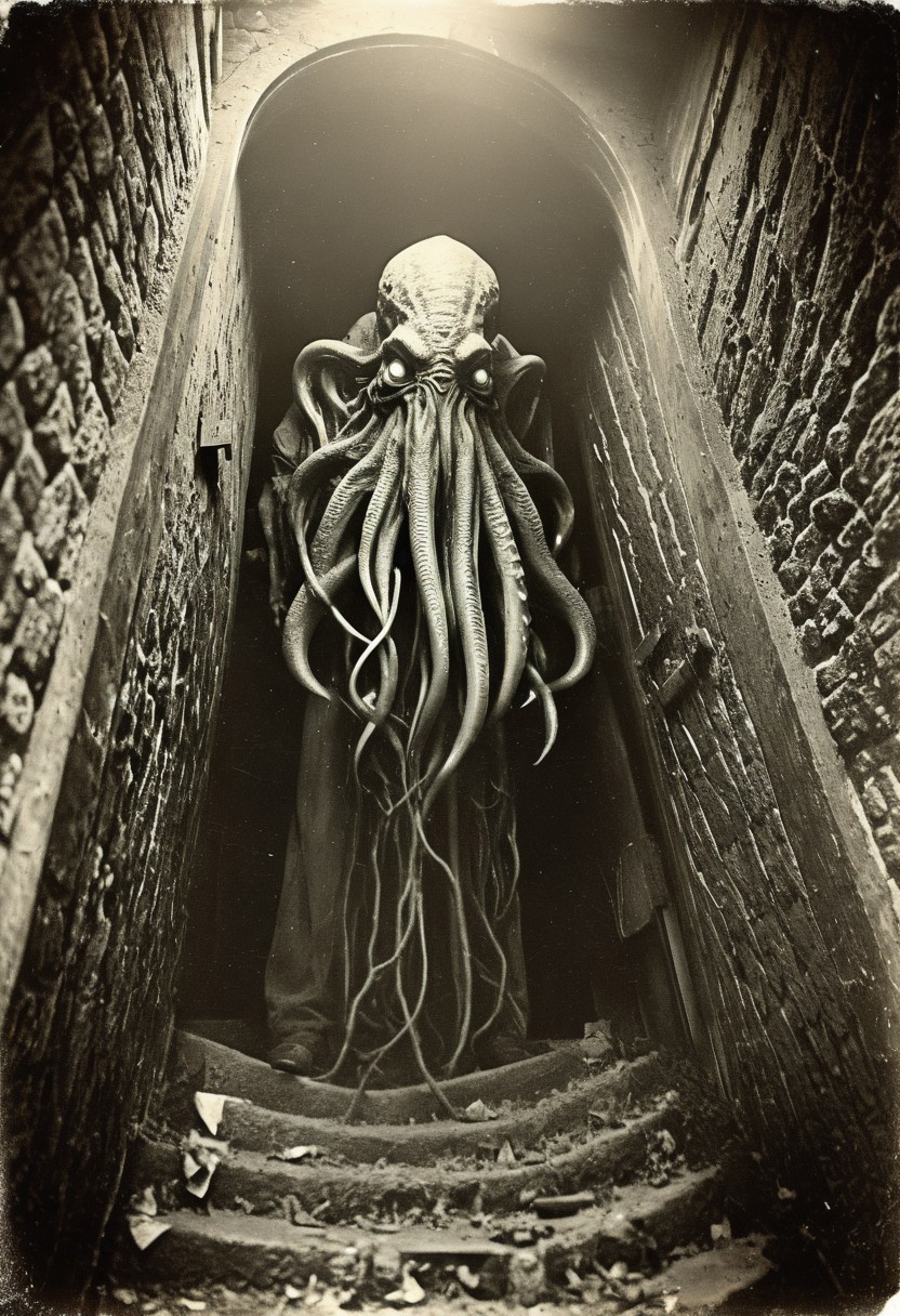 antique photo, eerie atmosphere, creepy, descent into madness, cthulhu, horror, lovecraft