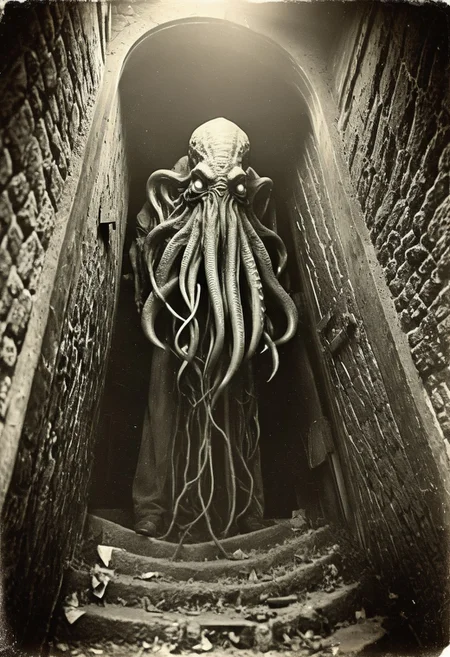 antique photo, eerie atmosphere, creepy, descent into madness, cthulhu, horror, lovecraft