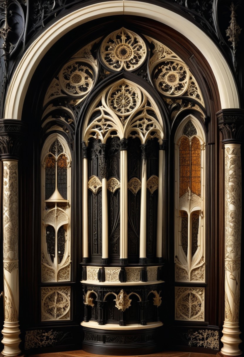 made made out of, ebony, ivory, scrimshaw, bone carving, Photo, close up, no humans, evening with golden hour lighting, professional grade, dark Gothic, Studio lighting. Photo realistic, Natural atmospheric lighting, intricate details, 35mm photograph, film, professional, 32k visuals, highly detailed, elegant, studio quality, cathedral made out of, ebony, ivory, scrimshaw, bone carving.