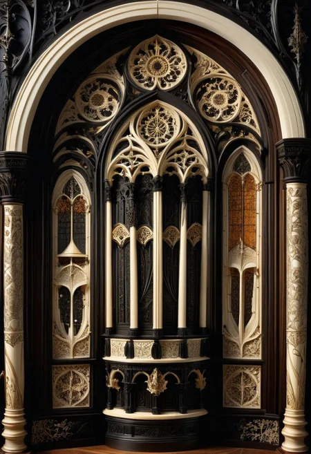 made made out of, ebony, ivory, scrimshaw, bone carving, Photo, close up, no humans, evening with golden hour lighting, professional grade, dark Gothic, Studio lighting. Photo realistic, Natural atmospheric lighting, intricate details, 35mm photograph, film, professional, 32k visuals, highly detailed, elegant, studio quality, cathedral made out of, ebony, ivory, scrimshaw, bone carving.