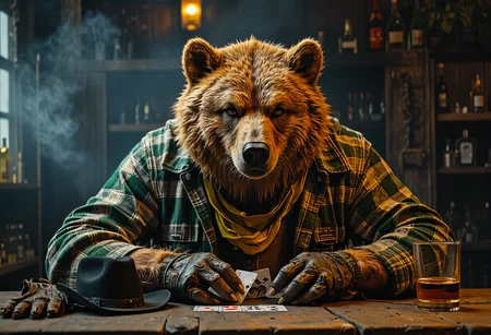 Anthropomorphic American grizzly bear playing cards at a worn wooden table in a dimly lit Wild West saloon, his massive frame exuding a mix of focus and tension. He’s dressed in a classic cowboy outfit: a green-and-white checkered flannel shirt with rolled-up sleeves revealing his furry arms, a dirty yellow bandana tied loosely around his thick neck. His black cowboy hat rests on the table beside a pair of leather gloves and a glass of whiskey, the amber liquid catching the faint light. Grizzly holds a hand of cards in his huge paws, staring at them with a thoughtful, intense expression. The saloon is filled with thick cigar smoke swirling in the air, creating a hazy atmosphere. The dark background is softly blurred with bokeh, emphasizing the subject, while faint silhouettes of other patrons and bottles line the shelves. Cinematic shallow depth of field, medium close-up shot focusing on Grizzly from his chest up, Dutch angle shot with the camera tilted to heighten the dramatic tension. <lora:ral-anthropomorphic-flux:1>, <lora:Flux-Enhancer:0.8>, Anamorphic bokeh style <lora:Anamorphic bokeh v2:0.6>, <lora:FluxDFaeTasticDetails:0.5>, in the style of Jed-clrfl <lora:flux-colourful:0.4>