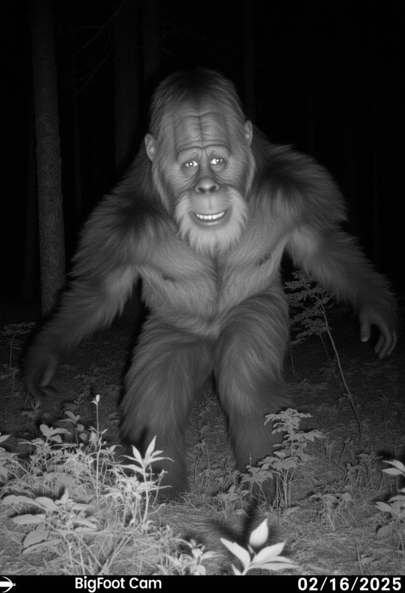 The image is a closeup black and white infrared trailcam photograph of HarryBigfoot's face in a forest at night. A timestamp in the bottom right corner of the photo says BigFoot Cam 02/16/2025