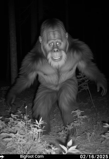The image is a closeup black and white infrared trailcam photograph of HarryBigfoot's face in a forest at night. A timestamp in the bottom right corner of the photo says BigFoot Cam 02/16/2025