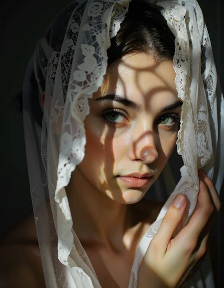 The image is a photograph of a young woman with striking features, captured in a moody, intimate setting. The photograph focuses on her face, which is partially obscured by a sheer, delicate curtain or veil that casts intricate, shadowy patterns across her skin. The veil is a soft, almost translucent white fabric with subtle lace-like details.
Her skin has a warm, slightly golden undertone, and she has expressive, almond-shaped green eyes that are partially visible through the veil. Her eyebrows are well-groomed, and she has a subtle, natural makeup look with a touch of mascara enhancing her lashes. <lora:Synesthesia:0.45>