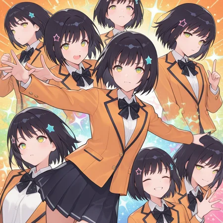 masterpiece, best quality, amazing quality, colorful, vibrant, very aesthetic, detailed background, <lora:lah-hitomi-v1-09:1> lah-hitomi, 1girl, solo, school_uniform, white shirt, (single_blue_star hairclip), black bowtie, light-orange blazer, cowboy shot, dynamic_pose, dynamic_angle, dynamic_expressions, black hair,
