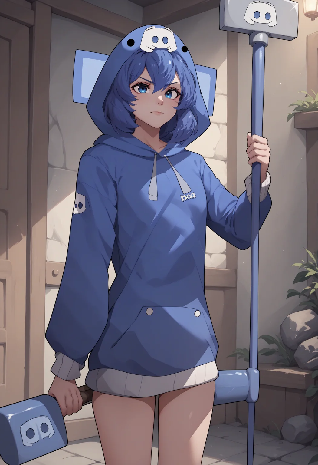 score_9, score_8_up, score_7_up, source_anime, 1girl, dcchan, blue hoodie, animal hood, <lora:DCchanXLPD:1>, holding weapon, holding hammer,