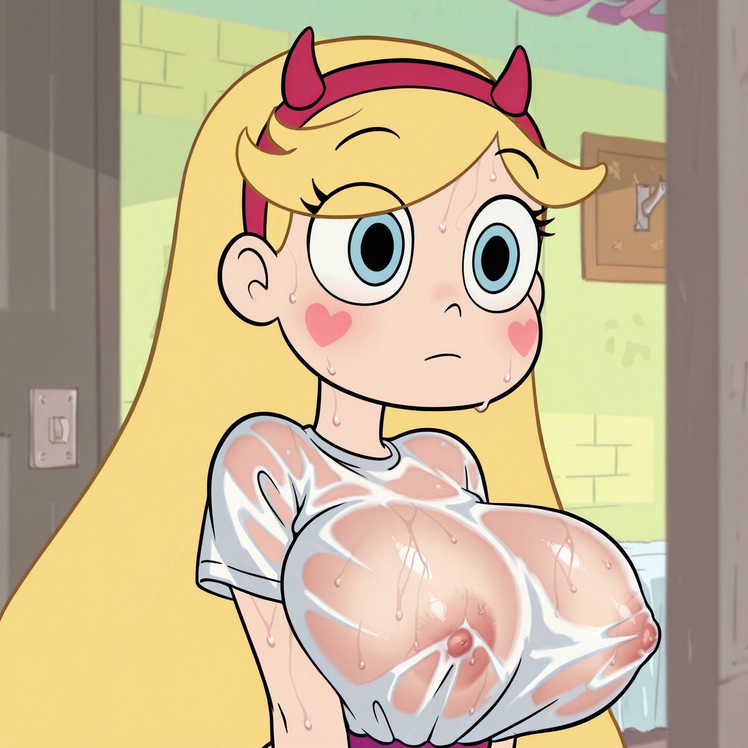 masterpiece, best quality, amazing quality, very aesthetic, high resolution, 4k resolution, 
BREAK 1girl, star_butterfly, light-skinned female, solo, blonde hair, fake horns, horned headwear, horns, hairband, red hairband, long hair, very long hair, blue eyes, heart, hearts on cheeks, wet shirt, white shirt, sweat, huge breasts
