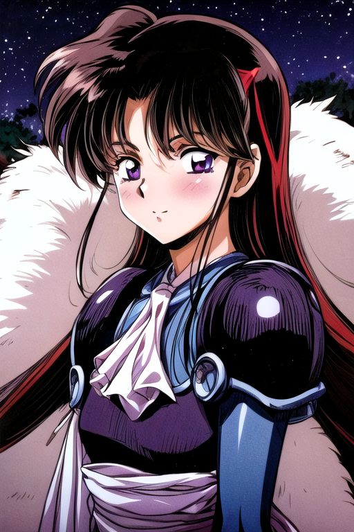 best quality 1girl Setsun4 solo long hair,  (night time) forest background black hair very long hair purple eyes multicolored hair armor, small, (fur trim) (medium body),<lora:EMS-179-EMS:0.800000>,<lora:EMS-293862-EMS:0.800000> bow, hair_bow, hair_tubes, red_bow, brown_hair, long_hair, bangs, ascot, frilled_bow, yellow_ascot, blush, smile, hair_between_eyes, athletic, armor, miko, strengthmda,  Smiling, happy, helmet